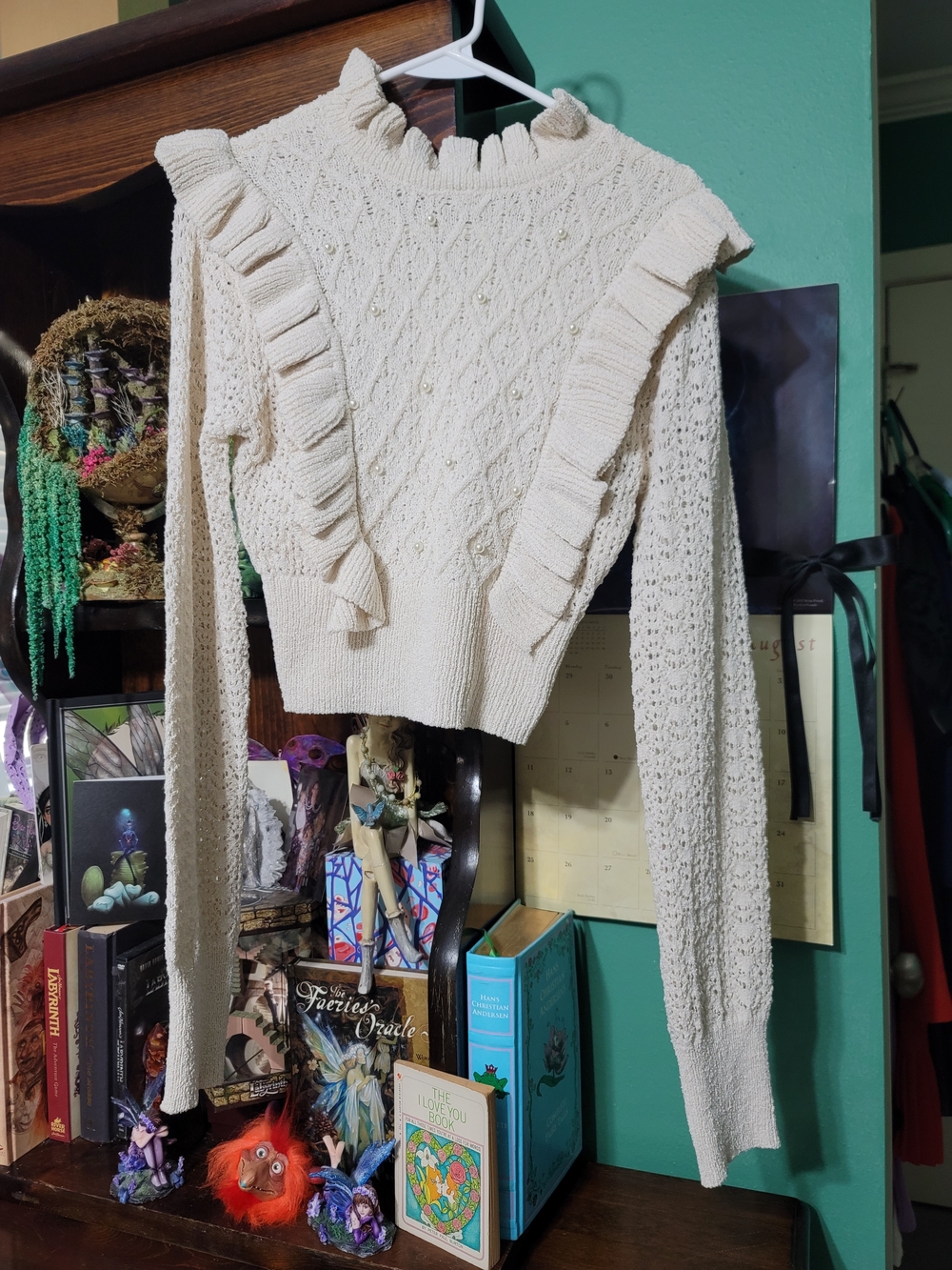 Mable Cream Pearl Ruffle Knit Crop Sweater Size S Mock Neck Long Sleeve‎